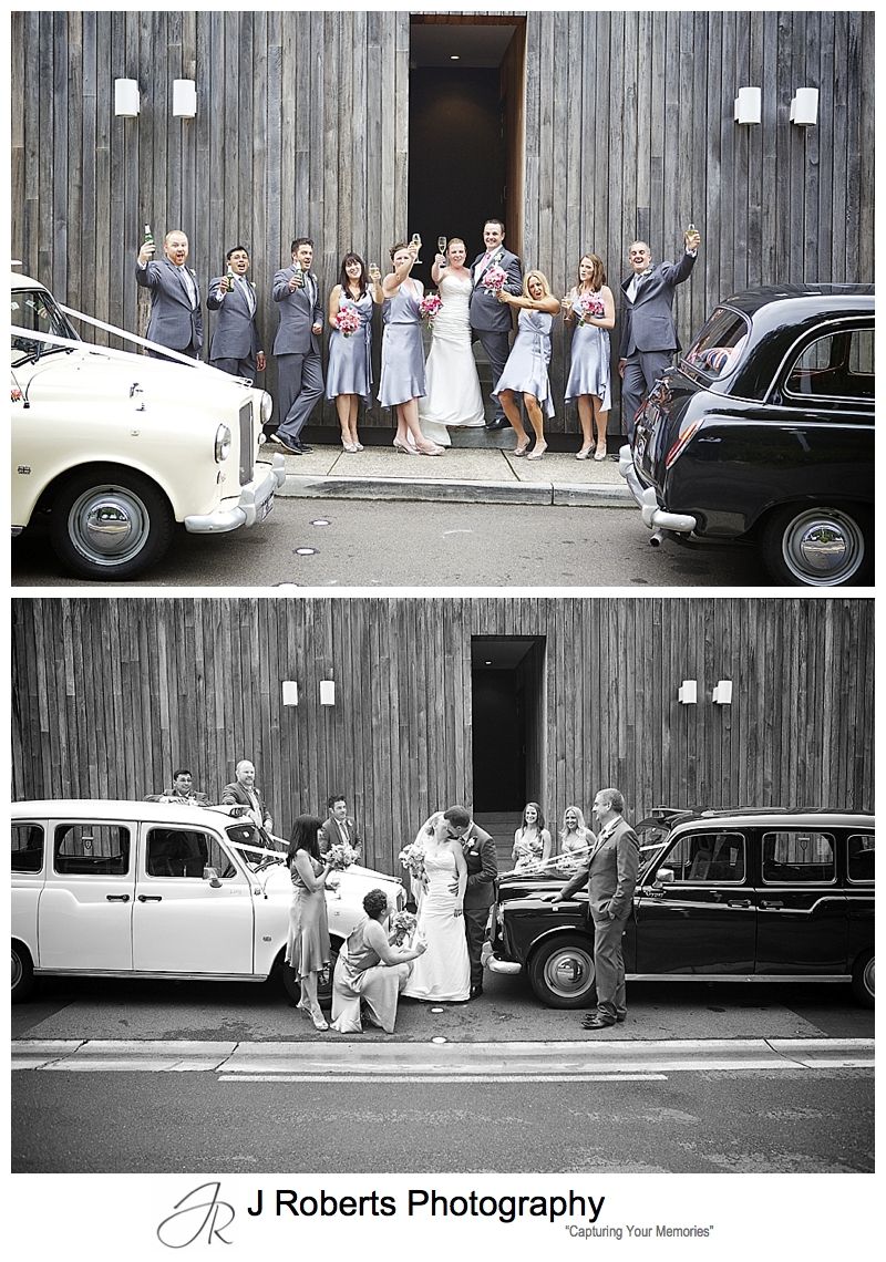 Bridal party with London Cab bridal cars at sergeants' mess mosman - sydney wedding photography 